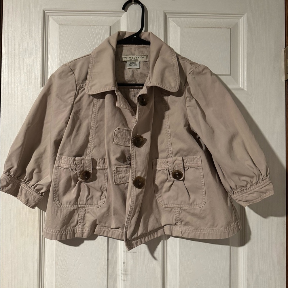 CIVILITY Women's Tan Cropped Jacket with Button Details and Puffed Sleeves